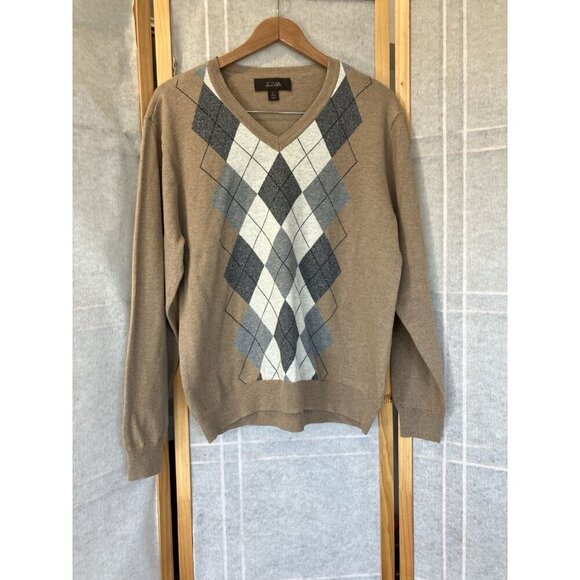Tasso Elba Other - Tasso Elba Mens Sweater Beige Knit Argyle V Neck Cotton L/S Medium Classic